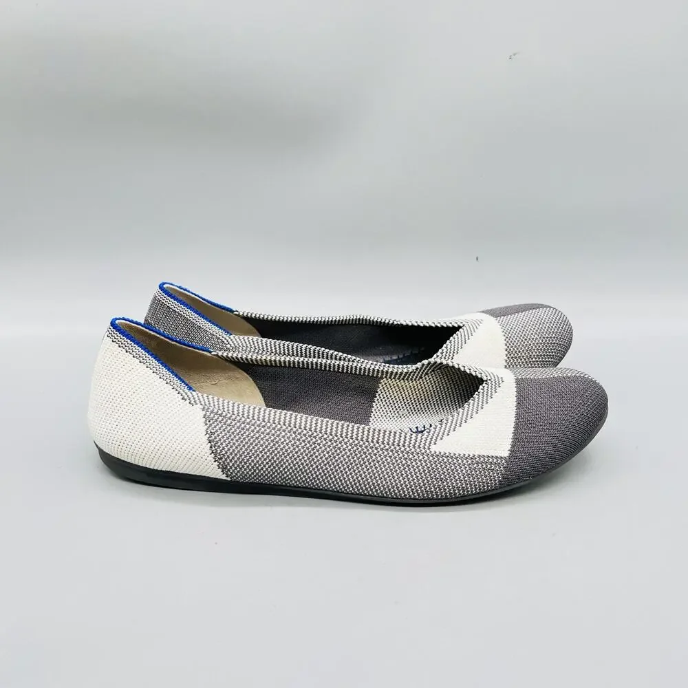 Rothy's Shoes Womens 8.5 Gray White Knit The Flat Ballet Flats Slip On Comfort